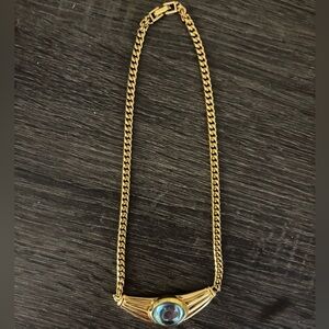 80s Monet Signed Large Chain Link Necklace Goldtone Aqua Blue Stone